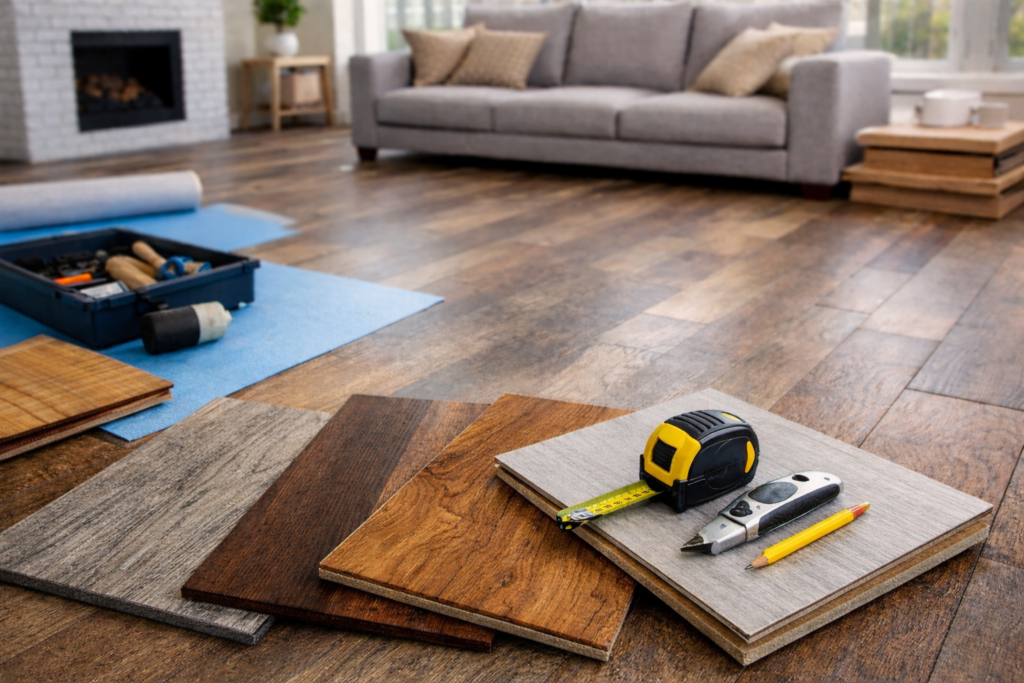 Flooring installation in Sarnia living room with vinyl, laminate, and hardwood samples laid out