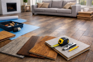 Flooring installation in Sarnia living room with vinyl, laminate, and hardwood samples laid out